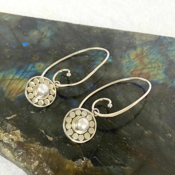 Sterling Silver 925 Signed Boma Round White Pearl Threader Dangle Earrings - Picture 3 of 16